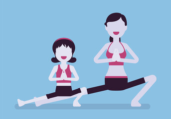 Family enjoy yoga, young happy yogi mother and daughter in sports wear practicing workout, doing fitness pose, stretch exercise for yogic practice together. Vector creative stylized illustration