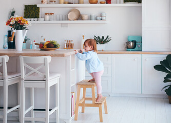 curious infant baby girl trying to reach things on the table in the kitchen with the help of step...