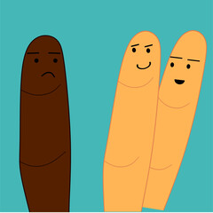 The concept of antagonism showing with black and white fingers with racial expressions on blue background.