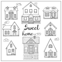 Houses set. Hand draw illustration black felt-tip pen. Pretty countryside sweet home in doodle style. 