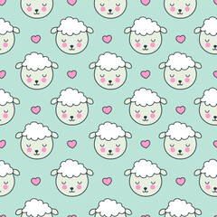 Fototapeta premium Seamless children's pattern with cartoon sheep and hearts. Vector illustration.