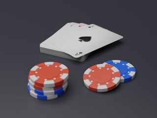 Deck of cards with ace of spades on top with red and blue poker chips, 3D rendered illustration