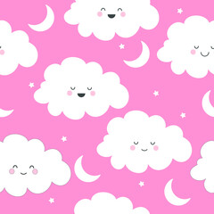 Cute kawaii clouds and moon seamless pattern. Vector illustration.