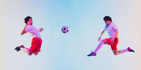 Kicking in jump, on the run. Football or soccer player on gradient background in neon light - motion, action, activity. Concept of sport, competition, winning, action, motion. Flyer with copyspace.