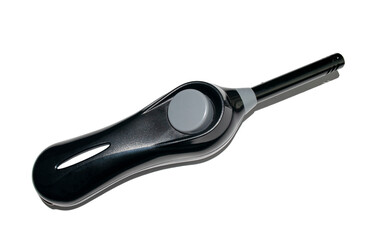 Gas lighter gun for gas-stove or bbq isolated on white background. Top view. Black multi-purpose lighter. Kitchen lighter.