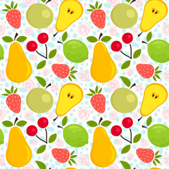 Seamless pattern with pears, apples, strawberries and lime. Vector illustration of juicy fruits.