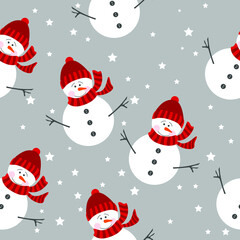 Seamless pattern with snowmens on a gray background. Christmas print.
