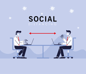 Social distancing between men with masks vector design
