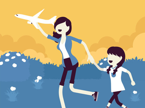 Happy family, mother, daugther playing with a toy airplane. Parent with child running outdoor holding aero plane in hand, enjoy jet model, creative kid playtime. Vector creative stylized illustration