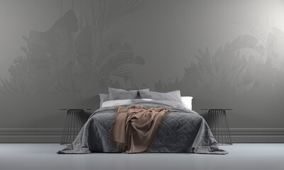Mock up bedroom interior background, beige room with natural wooden furniture, 3d render