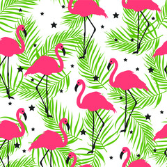 Summer pattern. Flamingo,palm leaves, stars . Vector illustration.