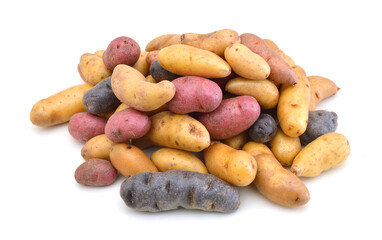 Fresh colorful potatoes red white blue on white background