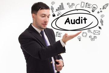 Business, technology, internet and network concept. Young businessman thinks over the steps for successful growth: Audit