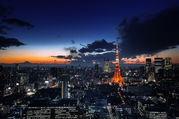 night view of Tokyo tower in japan. aerial of tokyo skyscraper city landmark 