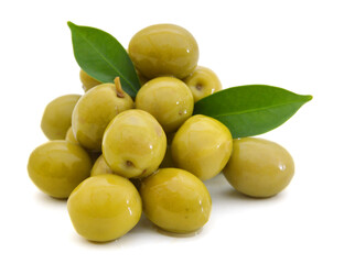 Green olives with leaves on a white background.