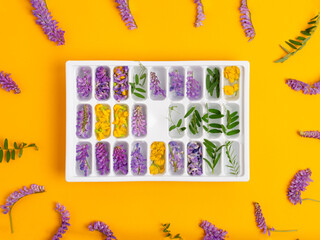 Ice cubes with yellow and purple flowers in a tray in the center of the frame on a yellow background. Flowers and green leaves lie in a circle.