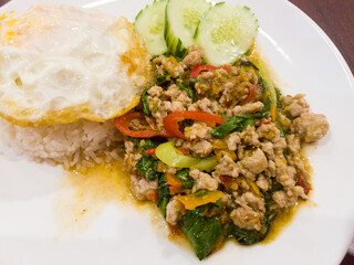 Stir fried Thai basil with minced pork and a fried egg