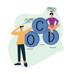 Girl and guy suffer from obsessive-compulsive disorder, looping thoughts, inscription from letters OCD, vector illustration on the theme of psychology, medicine