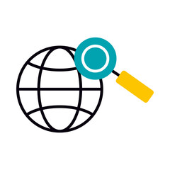 global sphere and magnifying glass icon, half line half color style