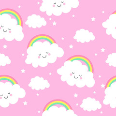 Cute kawaii clouds and rainbow seamless pattern. Vector illustration.