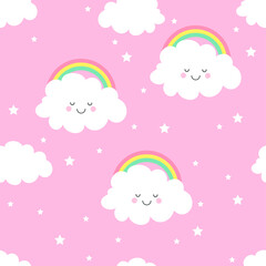 Cute kawaii clouds and rainbow seamless pattern. Vector illustration.