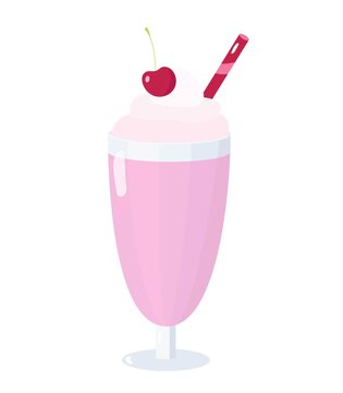Cup of pink milkshake with cream and cherry on top. Flat vector illustration isolated on white background for cafe, restaurant or menu.
