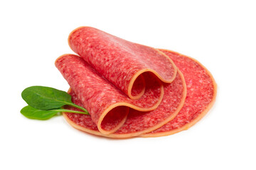 Salami slices isolated on white background.