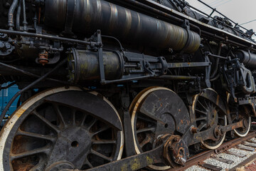 Detailed photograph of steam era locomotive. 