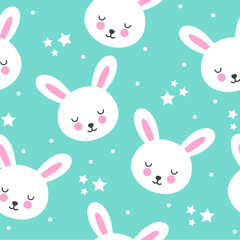 Seamless pattern with cute rabbits on a blue background with stars.