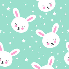 Seamless pattern with cute rabbits on a blue background with stars.