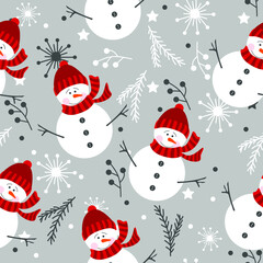 Seamless pattern with snowmen, branches, snowflakes on a gray background. Christmas print.