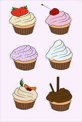 Colored icons set of desserts: cupcakes with different tastes.