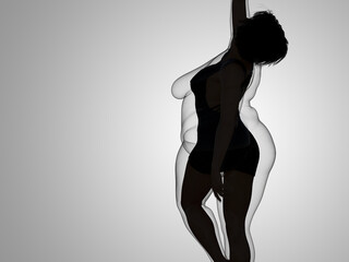Conceptual fat overweight obese female vs slim fit healthy body after weight loss or diet with muscles thin young woman on gray. A fitness, nutrition or fatness obesity, health shape 3D illustration
