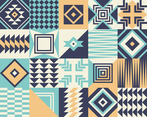 Geometric pattern. Bauhaus tribal vector. Multicolored seamless background for summer shorts, swimsuit, top, wallpaper, or other modern textile or paper print. Blue, yellow, off white.