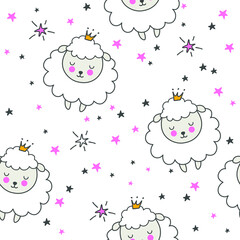 Seamless pattern with cartoon sheep princesses,  stars. Vector illustration drawn by hand.