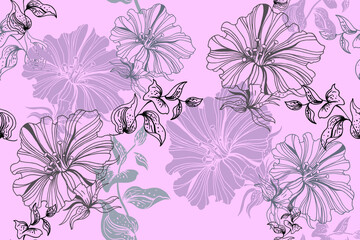 seamless pattern, petunia flowers on purple background, vector illustration