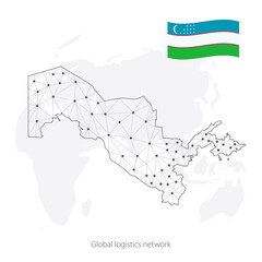 Global logistics network concept. Communications network map Uzbekistan on the world background. Map of Uzbekistan with nodes in polygonal style and flag. Vector illustration EPS10. 