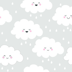 Seamless pattern with cute kawai clouds, stars, raindrops. Vector illustration.