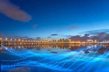 Xiamen blue tone skyline synthesized by particle lines