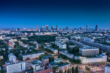 Beautifu evening panoramic aerial drone view to the Center of modern Warsaw city with  skyscrapers