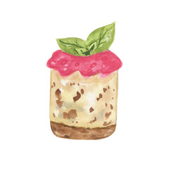 Sweet cupcake with colorful shaving. Hand drawn watercolor painting on white background.