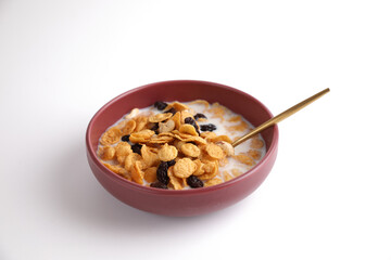 Cereal dessert with corn oat and dry fruits isolated in white background