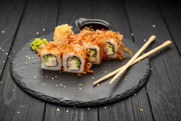 Sushi Bonito with salmon, cheese and tuna chips