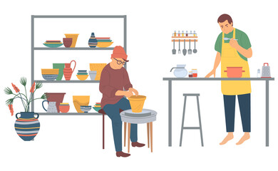 Man cooking vector, people on leisure time, pastime of characters. Interests of males, chef in kitchen. Hipster making pots pottery practicing flat style
