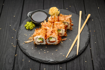 Sushi Bonito with salmon, cheese and tuna chips