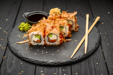 Sushi Bonito with salmon, cheese and tuna chips