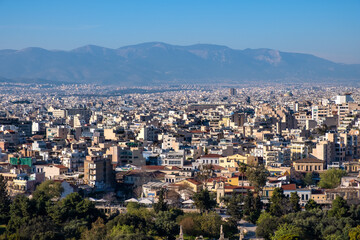 Fototapeta na wymiar Panoramic view of metropolitan Athens, Greece with northern districts and suburban areas seen from Acropolis hill