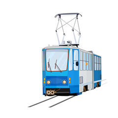 Tram isolated on white background. Blue tram with. City trolley. Cartoon modern public transport. Passengers, people transportation service. Urban trolleybus design element. Stock vector illustration
