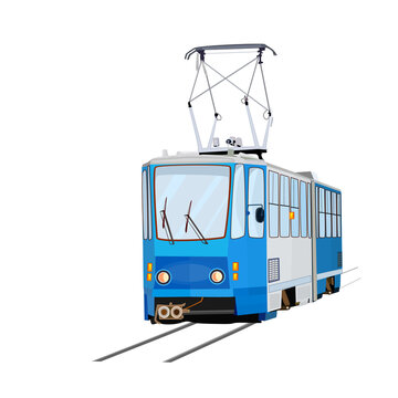 recommend clip art: Tram isolated on white background. Blue tram with. City trolley. Cartoon modern public transport. Passengers, people transportation service. Urban trolleybus design element. Stock vector illustration