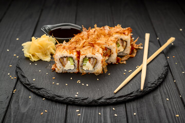 Sushi Bonito with salmon, cheese and tuna chips